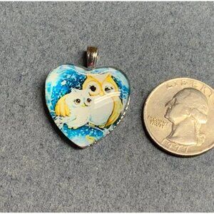 Retro Owls Heart Pendant Mother Baby Acrylic Puffy Blue Silver Valentine Love
